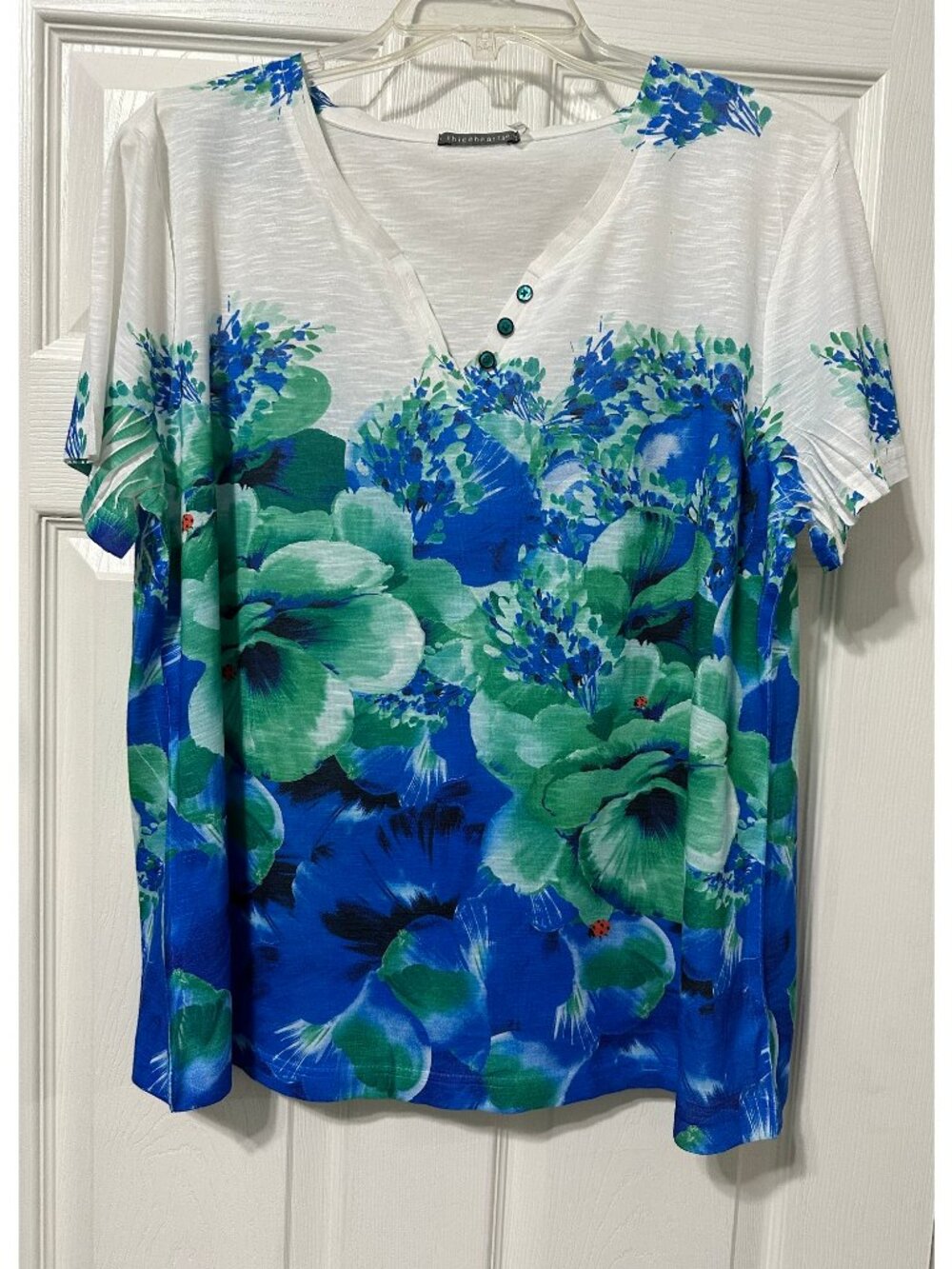 Three Hearts Floral Print Pull Over Short Sleeves T-Shirt Top Size Large